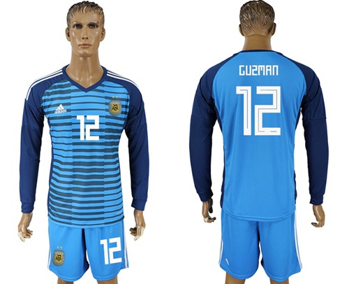 Argentina #12 Guzman Blue Long Sleeves Goalkeeper Soccer Country Jersey